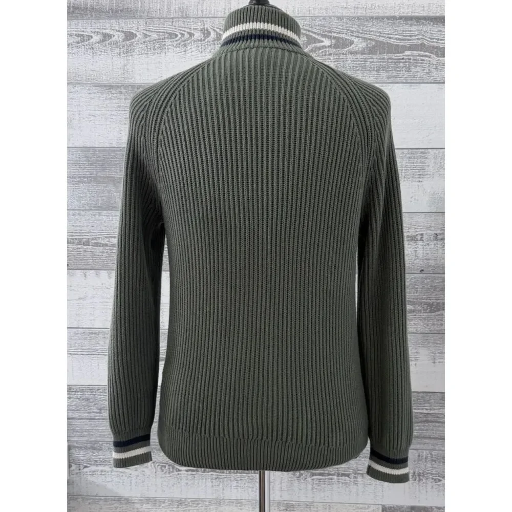 J CREW Knit Sweater Men M Green Ribbed Half-Zip Varsity Stripe Trim Cotton BC592